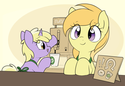 Size: 1952x1344 | Tagged: safe, artist:pestil, artist:shinodage, imported from ponybooru, dinky hooves, noi, earth pony, pony, unicorn, apron, clothes, coffee shop, cute, female, filly, wingding eyes
