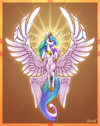 Size: 4097x5145 | Tagged: safe, artist:danton-y17, imported from ponybooru, princess celestia, alicorn, semi-anthro, abstract background, butt wings, female, flying, four wings, looking at you, multiple wings, solo, spread wings, wings