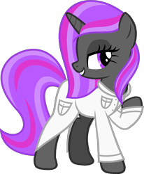 Size: 978x1186 | Tagged: safe, artist:pegasski, imported from derpibooru, oc, oc only, oc:dala, pony, unicorn, base used, bedroom eyes, clothes, eyelashes, female, grin, horn, lab coat, mare, raised hoof, simple background, smiling, solo, transparent background, unicorn oc