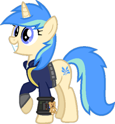 Size: 408x440 | Tagged: safe, artist:pegasski, imported from derpibooru, oc, oc only, oc:river splash, pony, unicorn, fallout equestria, base used, eyelashes, female, grin, horn, mare, pipbuck, raised hoof, simple background, smiling, solo, transparent background, unicorn oc