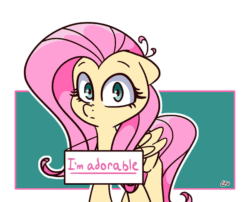 Size: 600x484 | Tagged: safe, alternate version, artist:lou, edit, editor:hotkinkajou, fluttershy, pegasus, pony, animated, blinking, cute, female, floppy ears, gif, looking at you, mare, perfect loop, shyabetes, sign, solo, unofficial edits thread