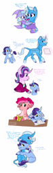 Size: 1280x4091 | Tagged: safe, artist:moccabliss, imported from derpibooru, starlight glimmer, trixie, oc, oc:abracadabra, oc:cake pop, oc:galaxy glimmer, pony, unicorn, curved horn, female, high res, horn, leonine tail, lesbian, magical lesbian spawn, mare, offspring, parent:cheese sandwich, parent:pinkie pie, parent:starlight glimmer, parent:trixie, parents:cheesepie, parents:startrix, shipping, startrix