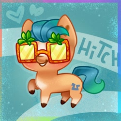 Size: 4000x4000 | Tagged: safe, artist:irinamar, imported from derpibooru, hitch trailblazer, earth pony, pony, abstract background, absurd resolution, blaze (coat marking), blushing, chibi, coat markings, cute, facial markings, g5, glasses, heart, hitchbetes, male, pale belly, raised hoof, smiling, socks (coat markings), solo, sunglasses, text, unshorn fetlocks