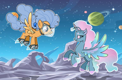 Size: 2600x1704 | Tagged: safe, artist:smilesupsidedown, imported from derpibooru, oc, oc only, alicorn, pegasus, pony, alicorn oc, duo, flying, high res, horn, jupiter, pegasus oc, rearing, smiling, space, space helmet, stars, wings