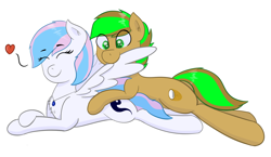 Size: 2887x1678 | Tagged: safe, artist:eyeburn, imported from derpibooru, oc, oc only, oc:baysick, oc:starburn, earth pony, pegasus, pony, earth pony oc, female, grooming, heart, high res, lying down, male, mare, oc x oc, pegasus oc, preening, prone, shipping, stallion, straight, wings