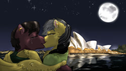 Size: 1280x724 | Tagged: safe, artist:miyathegoldenflower, imported from derpibooru, daring do, oc, oc:phillip finder, fanfic:ponyville noire, canon x oc, crying, ear piercing, earring, full moon, hug, jewelry, kissing, marriage proposal, moon, night, phiring, piercing, reflection, stars, sydney opera house, tears of joy, winghug, wings