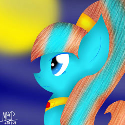 Size: 768x768 | Tagged: safe, artist:mudmee-thai, imported from derpibooru, oc, oc only, earth pony, pony, bust, earth pony oc, female, full moon, mare, moon, outdoors, peytral, signature, solo