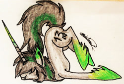 Size: 2146x1459 | Tagged: safe, artist:beamybutt, imported from derpibooru, oc, oc only, pony, unicorn, face down ass up, hair over eyes, hoof fluff, horn, male, signature, solo, stallion, traditional art, unicorn oc