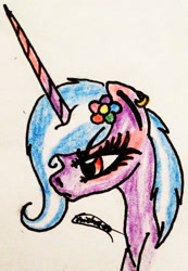 Size: 1606x2318 | Tagged: safe, artist:beamybutt, imported from derpibooru, oc, oc only, pony, unicorn, bust, ear piercing, earring, eyelashes, flower, flower in hair, frown, horn, jewelry, piercing, signature, solo, traditional art, unicorn oc