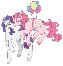 Size: 2800x2900 | Tagged: safe, artist:kikirdcz, imported from derpibooru, pinkie pie, rarity, earth pony, pony, unicorn, balloon, blushing, commission, curved horn, eyes closed, eyeshadow, female, floating, high res, horn, kissing, lesbian, lesbian pie, lesbian rarity, makeup, mare, party balloon, raised hoof, raised leg, raripie, shipping, simple background, then watch her balloons lift her up to the sky, transparent background, underhoof