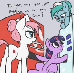Size: 2096x2044 | Tagged: safe, artist:t72b, imported from derpibooru, nurse redheart, nurse tenderheart, twilight sparkle, alicorn, earth pony, pony, bun, butt, cap, female, hacksaw, hat, high res, majestic as fuck, mare, mouth hold, nurse hat, plot, saw, simpsons did it, sitting, stuck, the simpsons, twilight sparkle (alicorn), vending machine