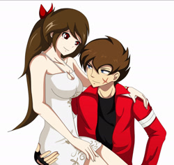 Size: 1920x1816 | Tagged: safe, artist:andres romero, artist:rsa.fim, imported from derpibooru, oc, oc:crash bash, oc:whisper hope, human, blue eyes, blushing, brown hair, clothes, couple, crashope, gloves, humanized, humanized oc, long hair, not mlp related, red eyes, scar, shipping, simple background, smiling, white dress