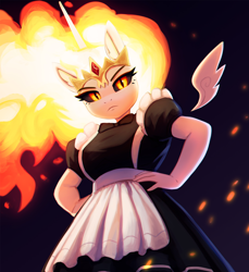 Size: 1500x1640 | Tagged: safe, artist:mrscroup, edit, imported from derpibooru, daybreaker, princess celestia, alicorn, anthro, breasts, clothes, female, floating wings, horn, looking at you, maid, maidbreaker, mane of fire, reasonably sized breasts, sfw edit, simple background, solo, solo female, unamused, wings