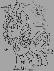 Size: 1626x2118 | Tagged: safe, artist:2hrnap, imported from derpibooru, imported from ponybooru, autumn blaze, butterfly, insect, kirin, :p, cloud, grayscale, monochrome, ponybooru import, solo, sun, tongue out