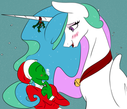 Size: 3880x3340 | Tagged: safe, artist:2hrnap, imported from derpibooru, imported from ponybooru, princess celestia, oc, oc:anon, alicorn, human, pony, blushing, eye contact, female, high res, holly, holly mistaken for mistletoe, human male, implied kissing, implied straight, looking at each other, male, mare, mistleholly, ponybooru exclusive, ponybooru import, size difference
