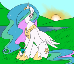 Size: 4404x3814 | Tagged: safe, artist:2hrnap, imported from derpibooru, imported from ponybooru, princess celestia, oc, oc:anon, oc:kid anon, alicorn, human, pony, clothes, crown, detailed background, female, grass, horn, jewelry, lake, looking up, male, mare, momlestia, multicolored mane, multicolored tail, open mouth, ponybooru import, regalia, shirt, sitting, smiling, sun, water, white coat, wings