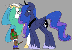 Size: 3020x2125 | Tagged: safe, artist:2hrnap, imported from derpibooru, imported from ponybooru, princess celestia, princess luna, oc, oc:anon, oc:kid anon, alicorn, human, pony, auntie luna, clothes, crown, female, gray background, helmet, high res, horn, jewelry, kid anon, male, mare, momlestia, open mouth, ponybooru import, regalia, royal sisters, shield, siblings, simple background, sisters, smiling, sword, weapon, wings, wooden sword