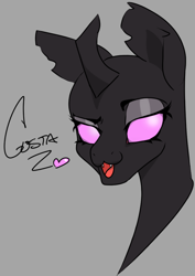 Size: 708x1001 | Tagged: safe, artist:2hrnap, imported from derpibooru, imported from ponybooru, oc, oc only, oc:costa, changeling, bust, fangs, female, heart, looking at you, open mouth, ponybooru import, portrait, raised eyebrow, simple background