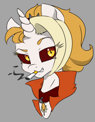 Size: 1217x1561 | Tagged: safe, artist:2hrnap, imported from derpibooru, imported from ponybooru, oc, oc only, oc:dyx, alicorn, pony, alicorn oc, blonde, blonde mane, bust, cigarette, collar, female, gray background, grin, horn, mouth hold, ponybooru import, portrait, raised eyebrow, simple background, smiling, smoking, solo, wings