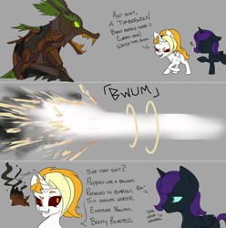 Size: 2667x2689 | Tagged: safe, artist:2hrnap, imported from derpibooru, imported from ponybooru, oc, oc:dyx, oc:nyx, alicorn, pony, timber wolf, alicorn oc, comic, dialogue, fangs, female, grin, high res, horn, lidded eyes, looking at each other, open mouth, ponybooru import, question, raised eyebrow, raised hoof, raised leg, shrunken pupils, smiling, vulgar, wings