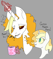 Size: 1692x1862 | Tagged: safe, artist:2hrnap, imported from derpibooru, imported from ponybooru, oc, oc:dyx, oc:dyxkrieg, alicorn, pony, alicorn oc, bust, cigarette, coffee mug, dialogue, female, filly, glowing horn, gray background, horn, lidded eyes, magic, magical lesbian spawn, mare, mother and child, mother and daughter, mug, offspring, older, older dyx, parent and child, parent:oc:dyx, parent:oc:luftkrieg, parents:oc x oc, ponybooru import, portrait, simple background, smiling, smoking, telekinesis, wings