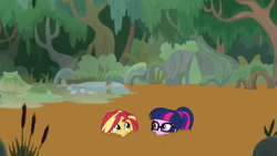 Size: 2264x1274 | Tagged: safe, anonymous artist, edit, edited edit, imported from derpibooru, sci-twi, sunset shimmer, twilight sparkle, driving miss shimmer, equestria girls, equestria girls series, growing up is hard to do, text support, choose your own ending (season 1), duo, duo female, female, forest, glasses, happy, jungle, mud, mud edit, quicksand, smiling, smugset shimmer, stuck