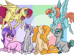 Size: 2241x1656 | Tagged: safe, artist:sallybatbridge, imported from derpibooru, cloudy quartz, cookie crumbles, pear butter, posey shy, twilight velvet, windy whistles, earth pony, pegasus, pony, unicorn, female, flying, glasses, group, mare, missing cutie mark, mom six, mother's day, sitting