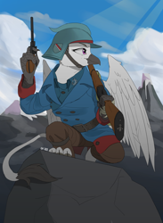 Size: 3792x5187 | Tagged: safe, artist:cadillac-dynamite, artist:cadillacdynamite, imported from derpibooru, oc, oc only, griffon, equestria at war mod, absurd resolution, clothes, commission, commissioner:anja, female, griffon oc, gun, handgun, helmet, military, military uniform, revolver, rifle, solo, uniform, weapon