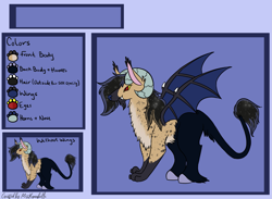 Size: 2053x1500 | Tagged: safe, artist:misskanabelle, imported from derpibooru, oc, oc only, oc:eqyptian night, draconequus, hybrid, abstract background, draconequus oc, duo, horns, interspecies offspring, male, offspring, parent:discord, parent:princess luna, parents:lunacord, reference sheet, signature, solo, wings