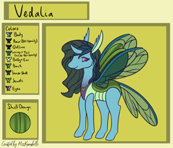 Size: 1750x1500 | Tagged: safe, artist:misskanabelle, imported from derpibooru, oc, oc only, oc:vedalia, changedling, changeling, abstract background, changedling oc, changeling oc, female, horn, reference sheet, signature, smiling, solo, story included, wings