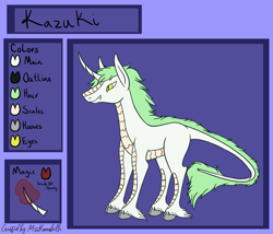 Size: 1750x1500 | Tagged: safe, artist:misskanabelle, imported from derpibooru, oc, oc only, oc:kazuki, kirin, abstract background, glowing horn, horn, kirin oc, male, reference sheet, signature, solo, story included