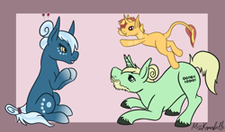 Size: 1750x1026 | Tagged: safe, artist:misskanabelle, imported from derpibooru, oc, oc only, oc:bubbly mist, oc:lightning spark, oc:method mint, earth pony, pony, unicorn, abstract background, earth pony oc, horn, jumping, leonine tail, signature, sitting, unicorn oc, unshorn fetlocks