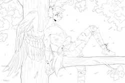 Size: 2560x1707 | Tagged: safe, artist:stumpeg, imported from derpibooru, oc, oc only, anthro, pegasus, clothes, lineart, male, monochrome, outdoors, partial nudity, pegasus oc, shoes, simple background, sitting, solo, topless, tree, white background, wings