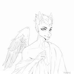 Size: 2160x2160 | Tagged: safe, artist:stumpeg, imported from derpibooru, oc, oc only, anthro, pegasus, bust, clothes, high res, lineart, monochrome, pegasus oc, robe, simple background, smiling, solo, white background, wings