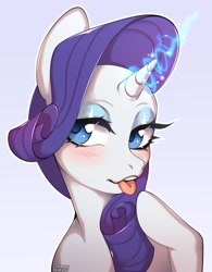 Size: 1407x1802 | Tagged: safe, artist:stumpeg, imported from derpibooru, rarity, pony, unicorn, :p, bedroom eyes, blushing, bust, eyelashes, female, glowing horn, horn, makeup, mare, piercing, raised hoof, simple background, solo, tongue out, tongue piercing