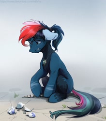 Size: 2624x3000 | Tagged: safe, artist:mithriss, imported from derpibooru, oc, oc only, earth pony, pony, broken, cup, earth pony oc, floppy ears, high res, palindrome get, solo