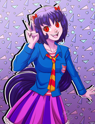 Size: 3232x4200 | Tagged: safe, artist:jack-pie, artist:the-butch-x, imported from derpibooru, oc, oc only, oc:cassey, cat, equestria girls, catgirl, clothes, female, high res, open mouth, peace sign, red eyes, signature, skirt, solo