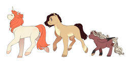 Size: 3072x1500 | Tagged: safe, artist:celeriven, imported from derpibooru, oc, oc only, oc:dawning paw, oc:eris, oc:radiant grace, earth pony, hybrid, pegasus, pony, unicorn, high res, interspecies offspring, offspring, parent:discord, parent:fluttershy, parents:discoshy, simple background, white background