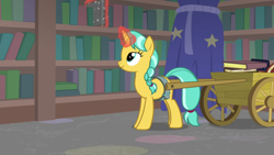 Size: 1920x1080 | Tagged: safe, imported from derpibooru, screencap, citrine spark, fire quacker, pony, unicorn, molt down, season 8, spoiler:s08, background pony, bookshelf, female, friendship student, levitation, magic, magic aura, mare, telekinesis