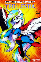 Size: 730x1095 | Tagged: safe, artist:liaaqila, artist:nouseyourname, imported from derpibooru, princess celestia, alicorn, pony, cape, clothes, female, horn, mare, smiling, solo, superman, supermare, trollestia, trolling, wings