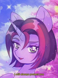 Size: 1535x2048 | Tagged: safe, artist:pierogarts, imported from derpibooru, oc, oc only, oc:twilight garrison, oc:twilightgarrison, pony, unicorn, 90s anime, bust, female, portrait, smiling, solo