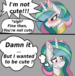 Size: 2000x2024 | Tagged: safe, artist:cuddlelamb, imported from derpibooru, princess celestia, alicorn, pony, blatant lies, blushing, cheek fluff, cute, cutelestia, ear fluff, female, high res, i'm not cute, mare, offscreen character, regret, solo, tsundelestia, tsundere, vulgar, wavy mouth