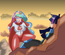 Size: 2000x1700 | Tagged: safe, artist:imsomethingradical, imported from derpibooru, princess celestia, twilight sparkle, human, beaten up, breasts, busty princess celestia, crossover, duo, duo female, female, humanized, invincible, meme, omni-man, superhero costume, think mark