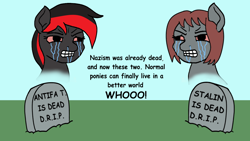Size: 1280x720 | Tagged: artist needed, safe, edit, imported from derpibooru, oc, oc:comrade valentina, oc:veronika, earth pony, ghost, undead, anarchism, antifa, comments locked down, communism, crying, dead, female, females only, grass, gravestone, mare, meme, op is a duck, op is trying to start shit, op is trying to start shit so badly that it's kinda funny, politics, red eyes, soviet union, tears of anger, text, wojak