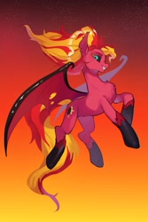 Size: 2333x3500 | Tagged: safe, artist:ikirunosindo, imported from derpibooru, sunset shimmer, demon, demon pony, pegasus, pony, equestria girls, equestria girls (movie), big tail, black sclera, chest fluff, demon wings, equestria girls ponified, fangs, female, flying, glossy, glowing eyes, gradient background, high res, hoof shoes, looking at you, mare, midair, nightmare sunset, ponified, race swap, raised hoof, smiling, solo, stars, sunset satan, tattered, tattered wings, torn ear, windswept mane, wings