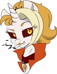 Size: 1134x1477 | Tagged: safe, artist:2hrnap, edit, imported from derpibooru, oc, oc only, oc:dyx, pony, cigarette, looking at you, raised eyebrow, simple background, smoking, solo, transparent background