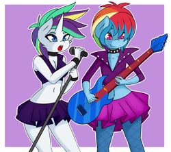 Size: 4500x4000 | Tagged: safe, artist:caoscore, imported from derpibooru, rainbow dash, rarity, anthro, alternate hairstyle, clothes, female, guitar, horn, jacket, leather jacket, lesbian, microphone, musical instrument, punk, rainbow punk, raridash, raripunk, shipping, skirt