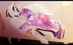Size: 3840x2376 | Tagged: safe, artist:nyota71, imported from derpibooru, twilight sparkle, oc, oc:prince slayer, alicorn, pony, alternate design, canon x oc, colored hooves, colored pupils, colored wings, commission, couch, female, high res, leonine tail, looking at each other, lying down, male, mare, romantic, shipping, smiling, stallion, straight, twilight sparkle (alicorn), unshorn fetlocks, wings