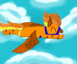 Size: 1500x1250 | Tagged: safe, artist:windy, imported from derpibooru, oc, oc only, oc:windflyer, pegasus, pony, blue sky, cloud, day, eyes closed, flying, grin, male, outdoors, outfit, pegasus oc, sky, smiling, solo, solo male, spread wings, stallion, two toned wings, wings