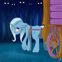 Size: 1280x1280 | Tagged: safe, artist:joaothejohn, imported from derpibooru, trixie, pony, unicorn, carriage, eye, eyes, floppy ears, frog (hoof), looking back, night, trixie's wagon, underhoof